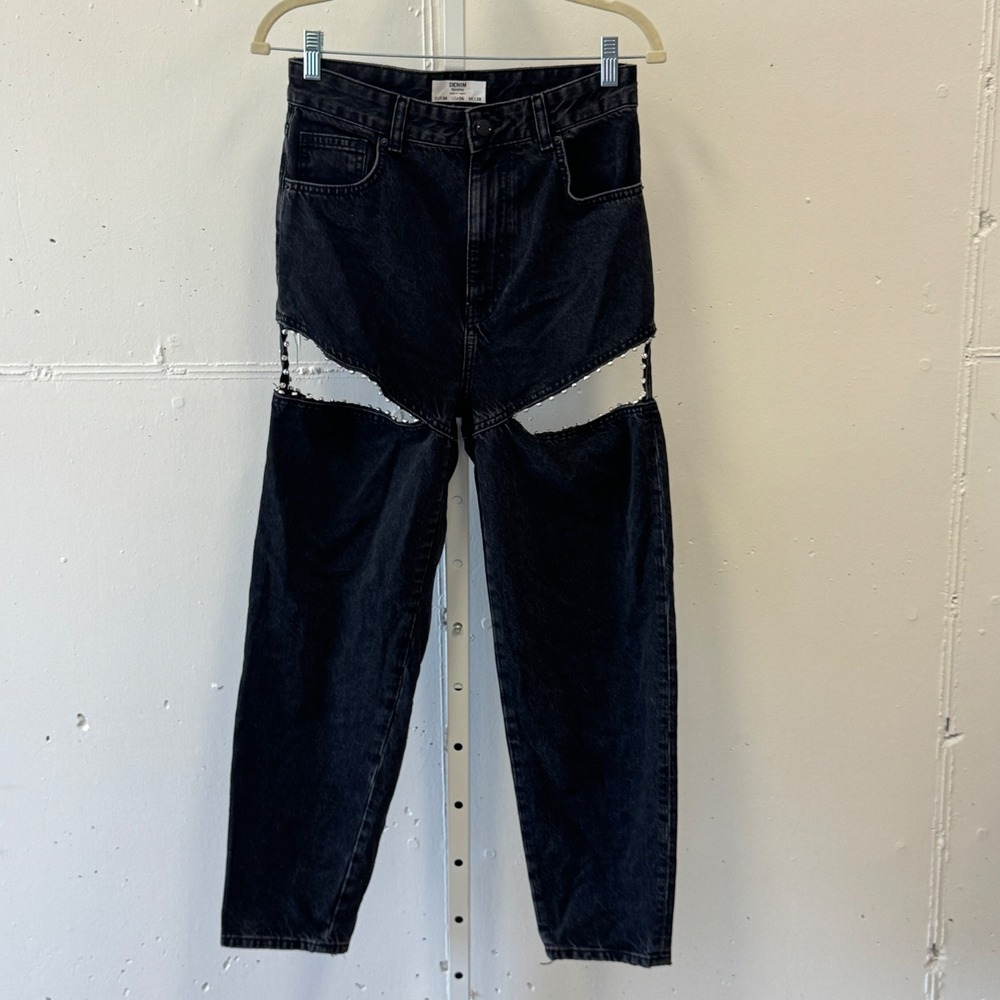 Bershka Rhinestone Cut Out Thigh Mom Jeans Washed Black High Rise Size 6 US